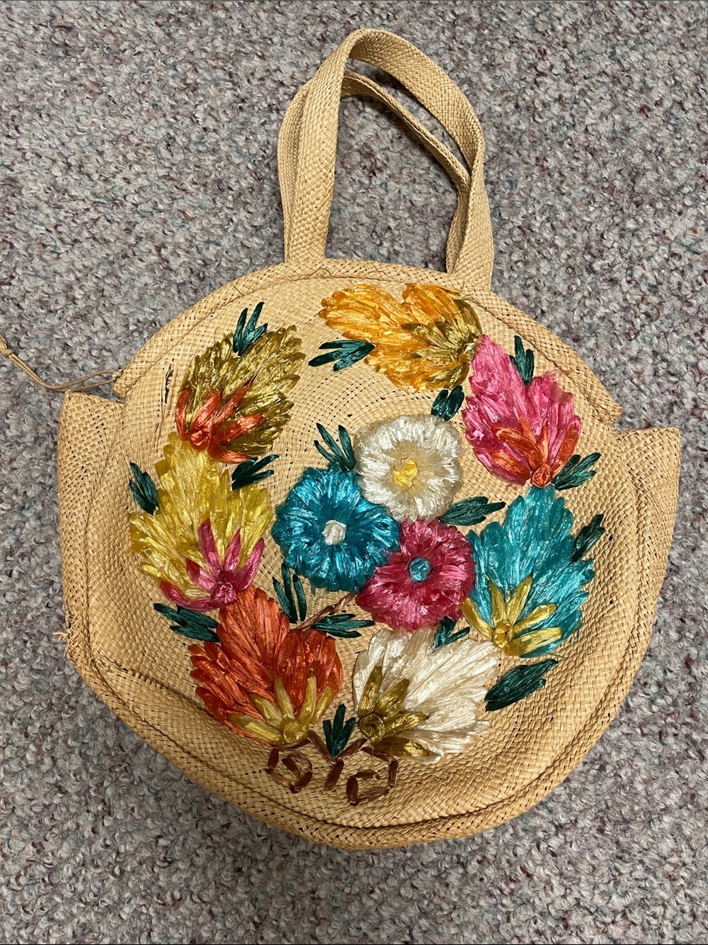 Vintage 40s straw woven flower front top handle circular bag